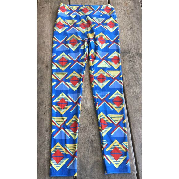 LuLaRoe Womens‎ Leggings One Size Blue Red Yellow Triangles Geometric Soft OS - Picture 5 of 8